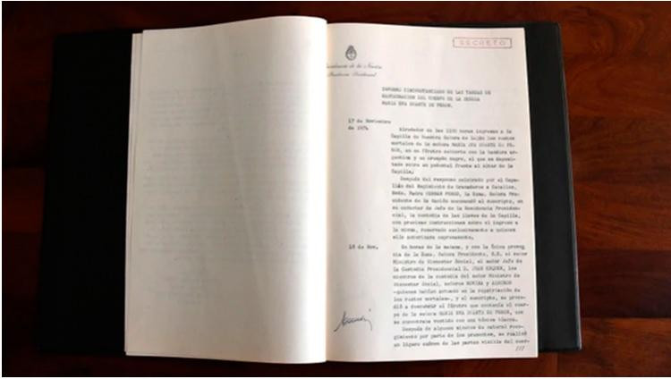 Documento sobre restitución de cadáver de Eva Perón a Perón