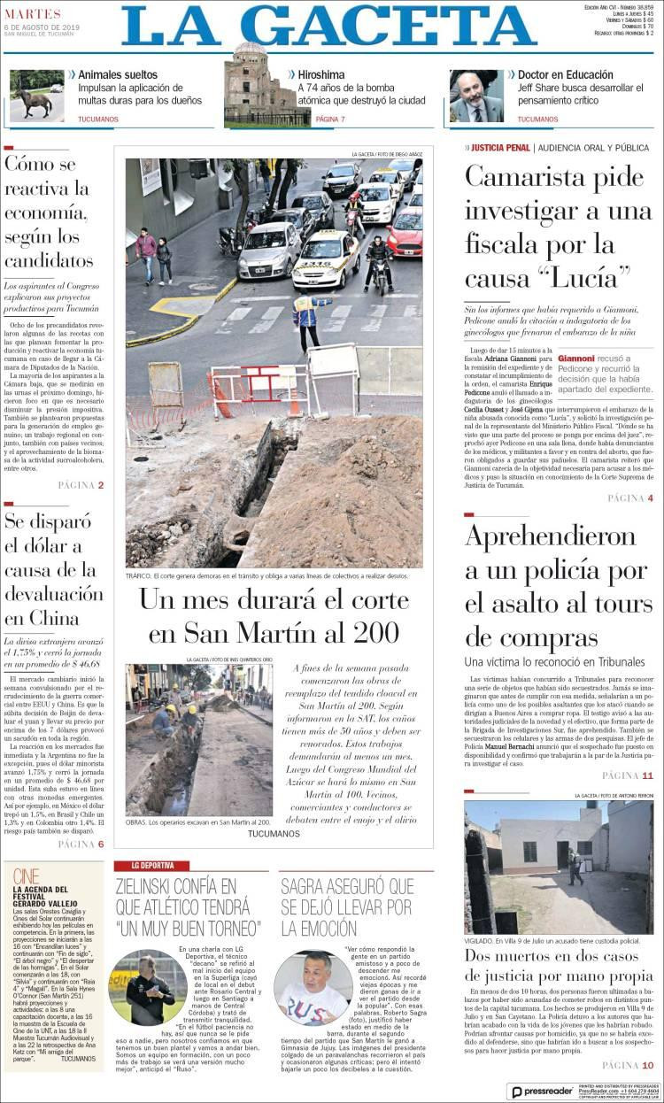 Tapas de diarios, La Gaceta, 06-08-19