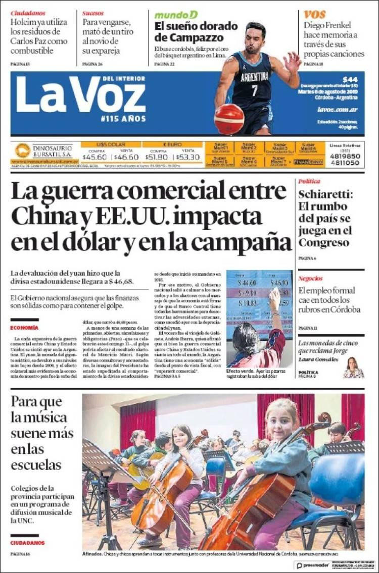 Tapas de diarios, La Voz del interior, 06-08-19