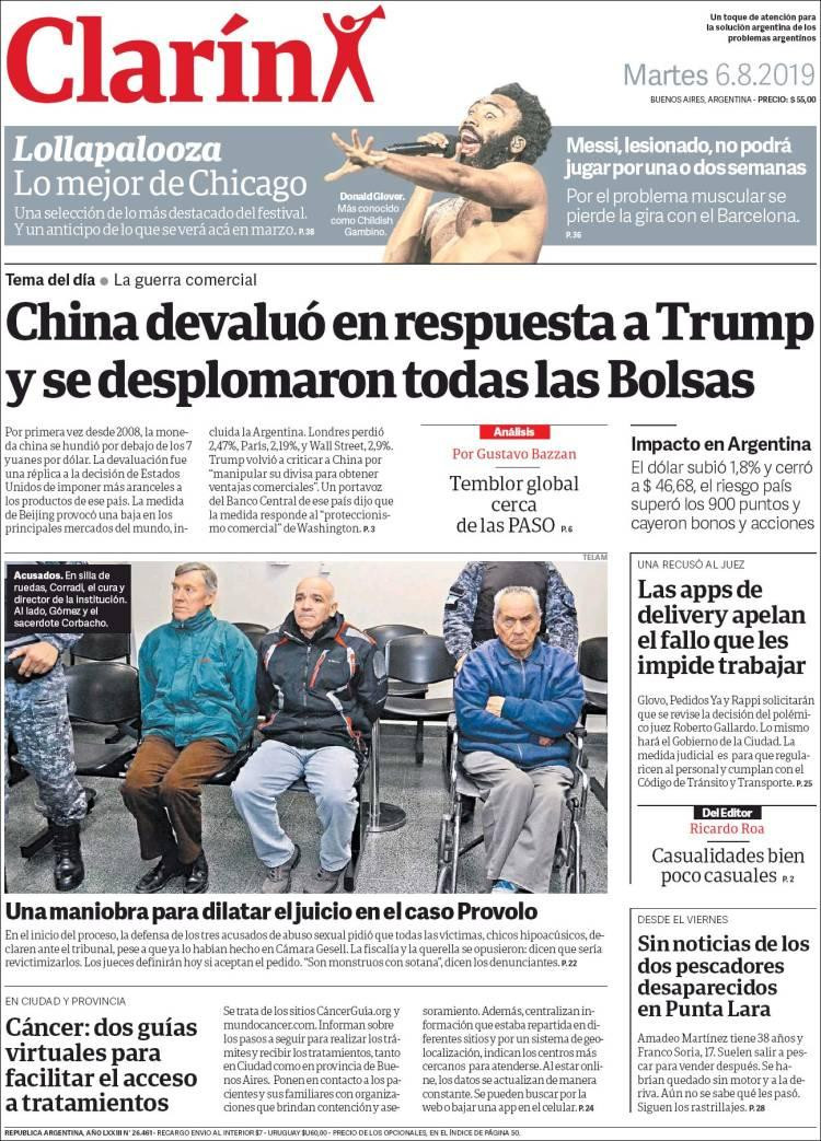 Tapas de diarios, Clarín, 06-08-19