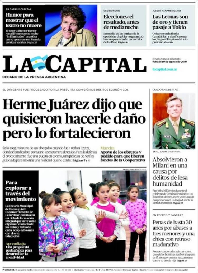 Tapas de diarios, La Capital, sábado 10 agosto 2019
