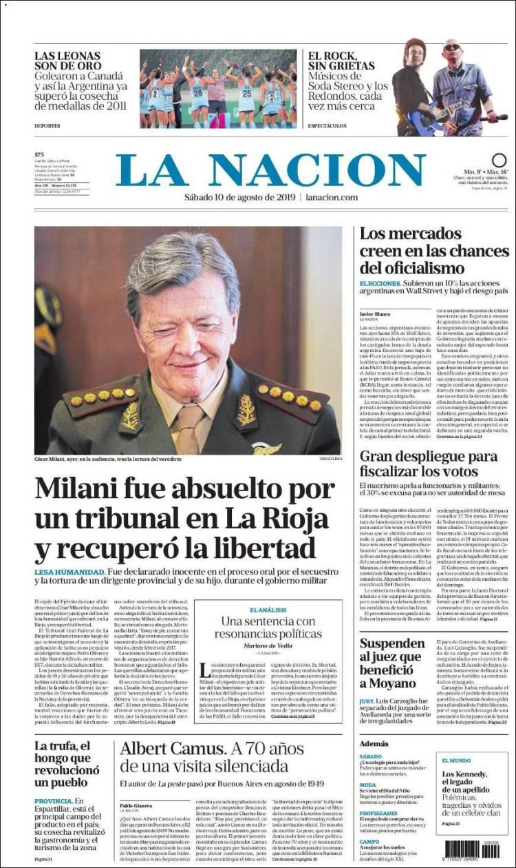 Tapas de diarios, La Nación, sábado 10 agosto 2019