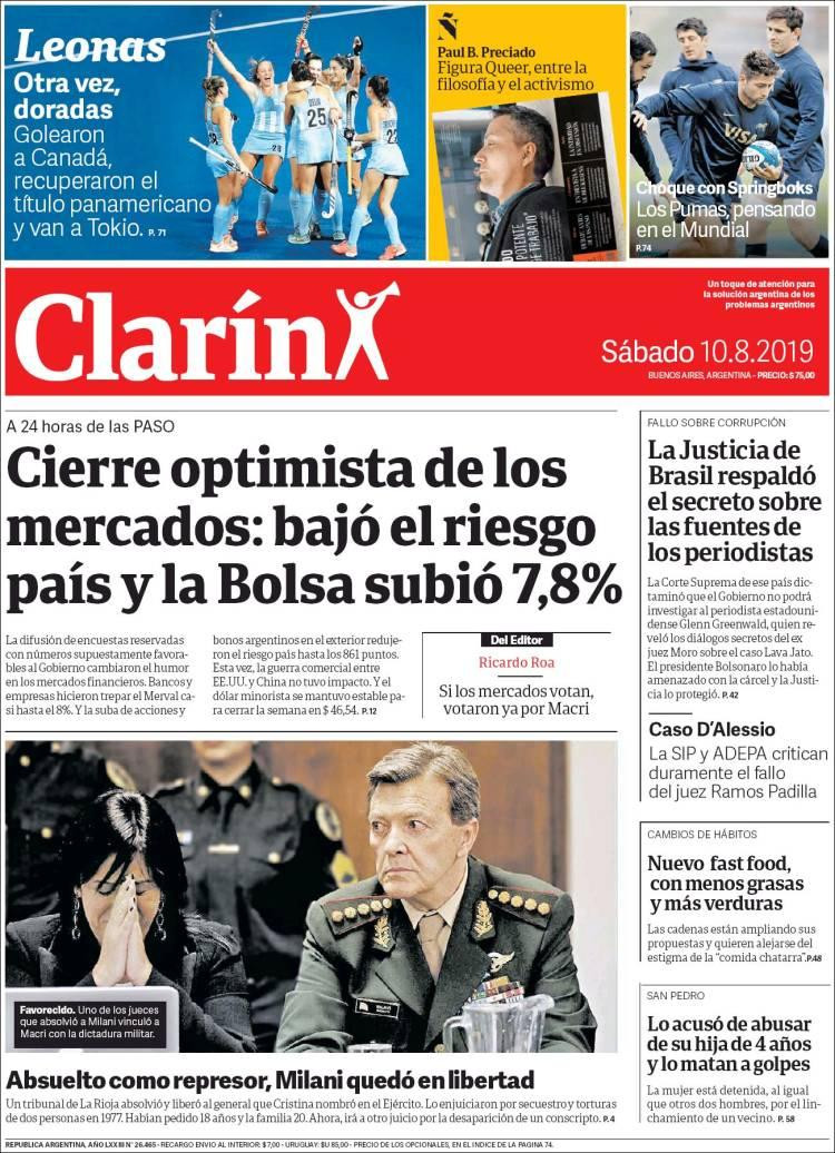 Tapas de diarios, Clarín, sábado 10 agosto 2019
