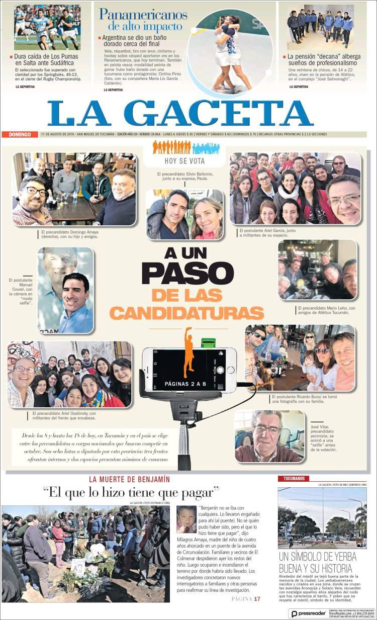 Tapas de diarios, La Gaceta, domingo 11 de agosto de 2019