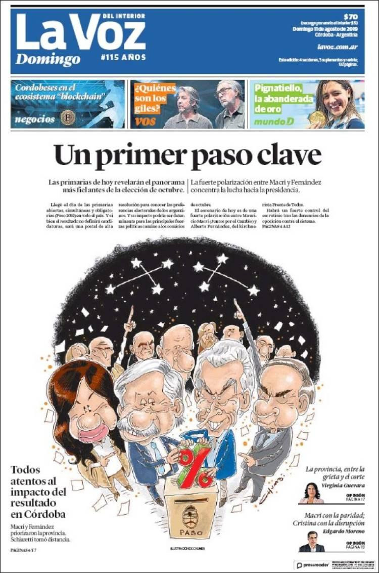 Tapas de diarios, La Voz del Interior, domingo 11 de agosto de 2019