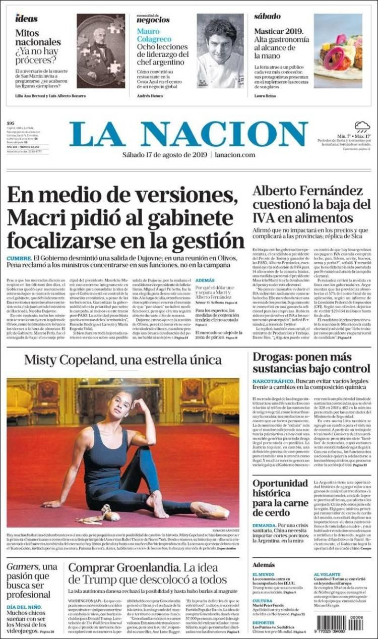 Tapas de Diarios, La Nación, Sábado 17-8-19