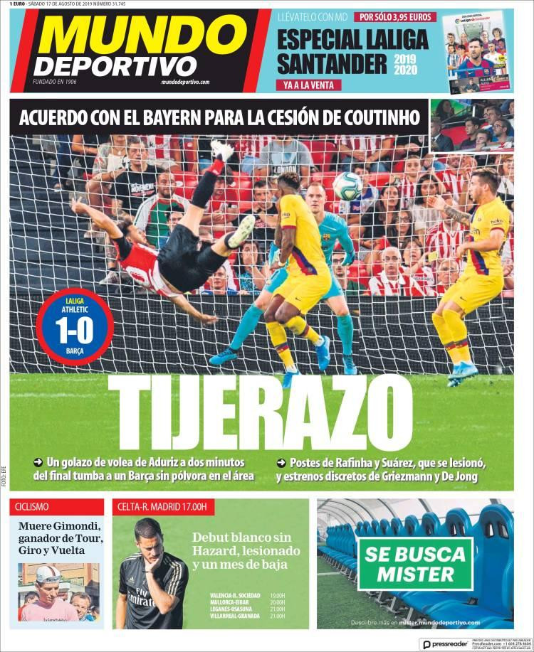 Tapas de Diarios, Mundo Deportivo, Sábado 17-8-19