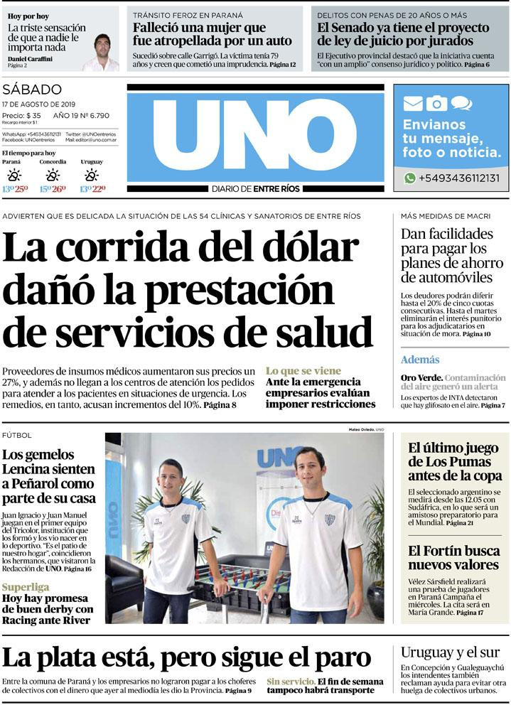 Tapas de Diarios, UNO, Sábado 17-8-19	