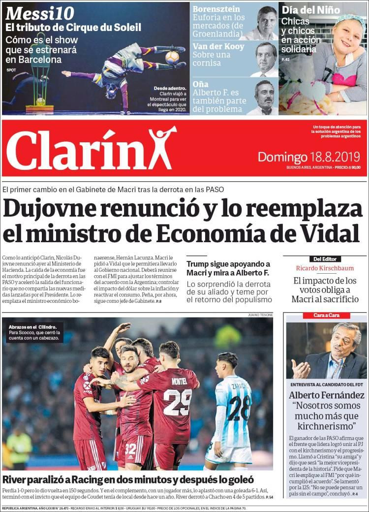 Tapas de diarios, Clarín, domingo 18-08-19	