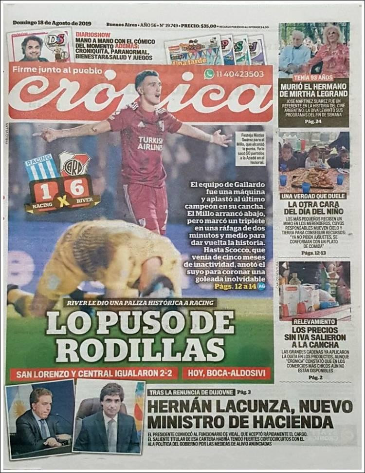 Tapas de diarios, Crónica, domingo 18-08-19	