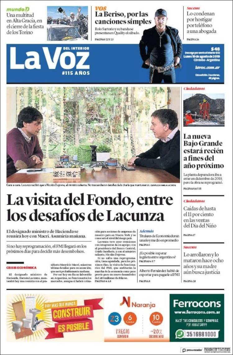 Tapas de diarios, La Voz del Interior, lunes 19-08-19