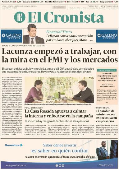 Tapas de diarios, El Cronista, lunes 19-08-19