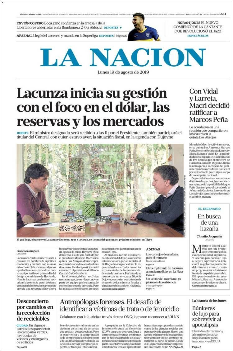 Tapas de diarios, La Nación, lunes 19-08-19