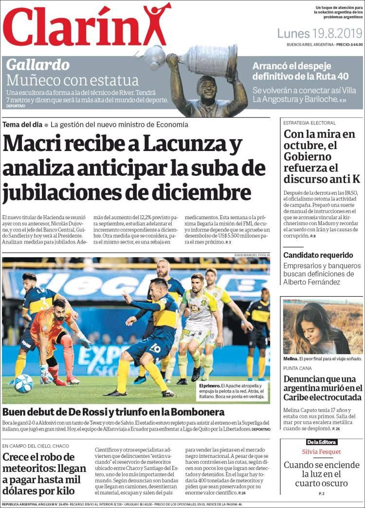 Tapas de diarios, Clarín, lunes 19-08-19