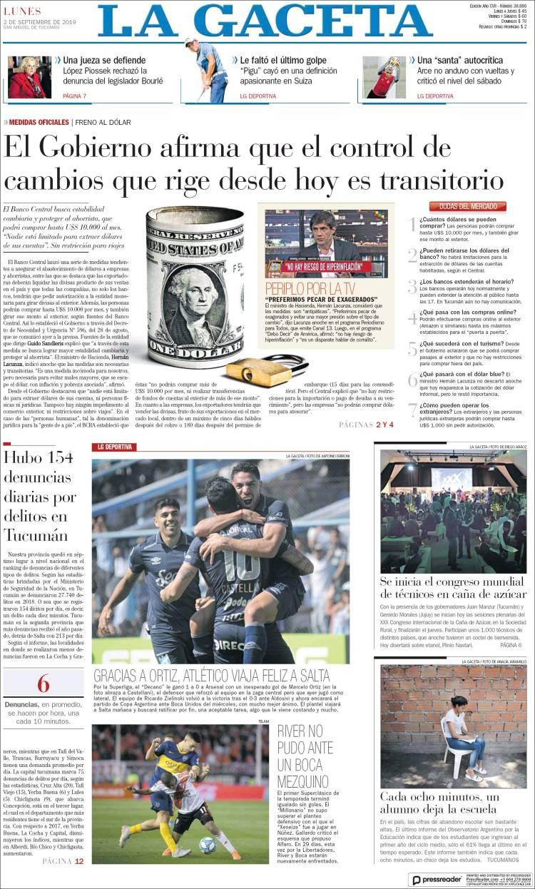 Tapas de diarios, La Gaceta, lunes 2 de septiembre de 2019