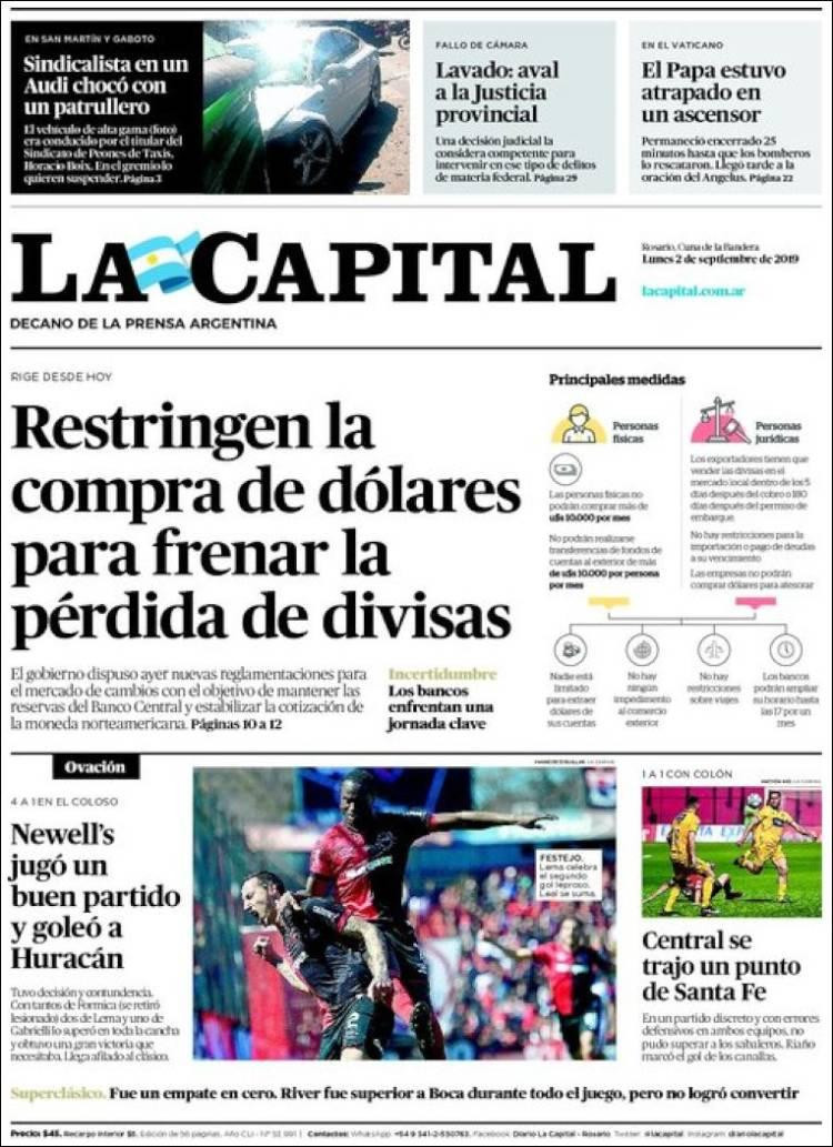 Tapas de diarios, La Capital, lunes 2 de septiembre de 2019