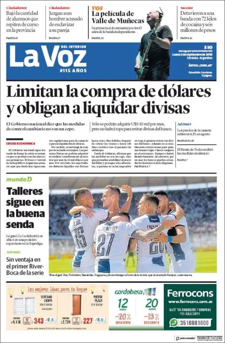 Tapas de diarios, La Voz del Interior, lunes 2 de septiembre de 2019