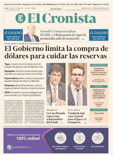 Tapas de diarios, El Cronista, lunes 2 de septiembre de 2019