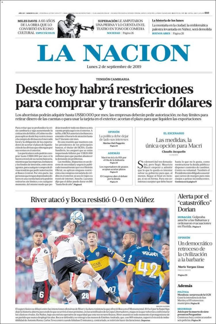 Tapas de diarios, La Nación, lunes 2 de septiembre de 2019