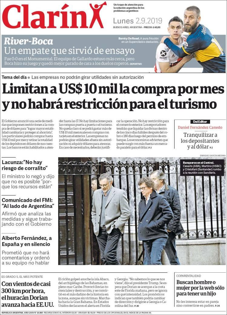 Tapas de diarios, Clarín, lunes 2 de septiembre de 2019