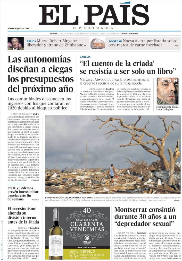 Tapas de diarios, El País, sábado 07-09-19