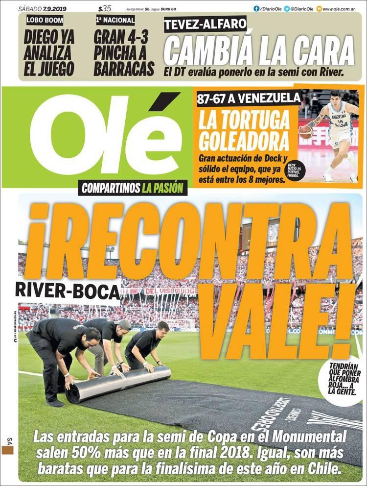 Tapas de diarios, Olé, sábado 07-09-19