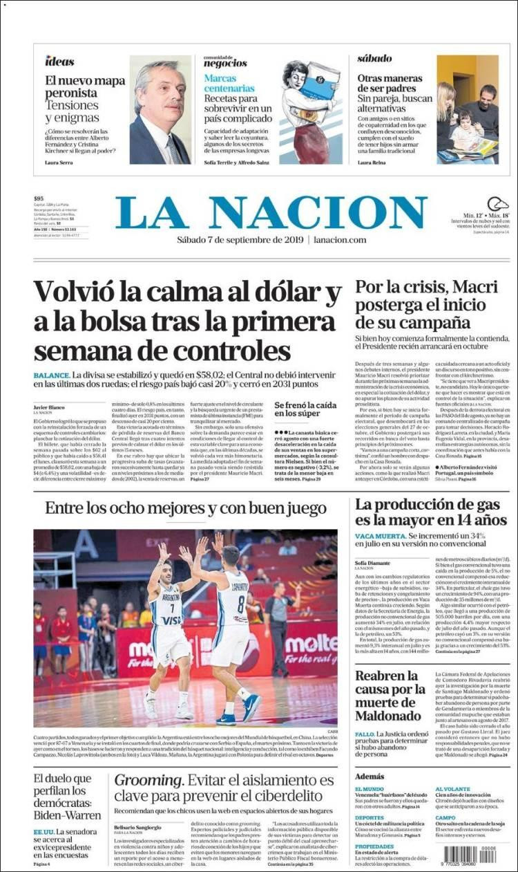 Tapas de diarios, La Nación, sábado 07-09-19