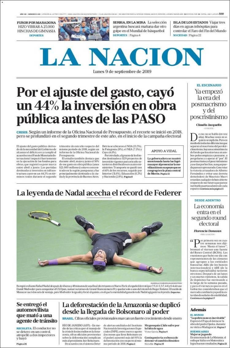 Tapas de diarios, La Nación, lunes 9-09-19