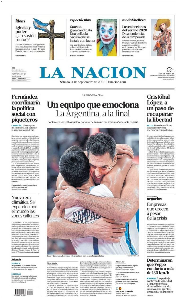 Tapas de diarios, La Nación, sábado 14-09-19