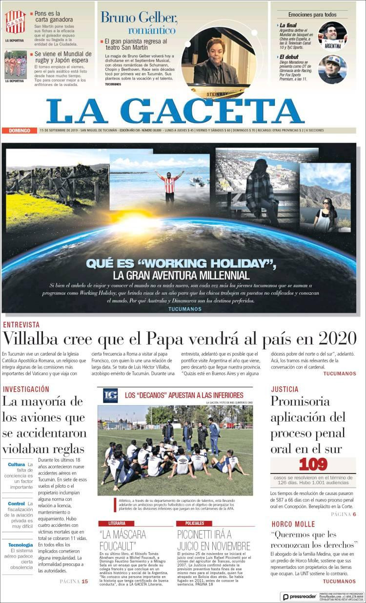 Tapas de diarios, La Gaceta, domingo 15-09-19