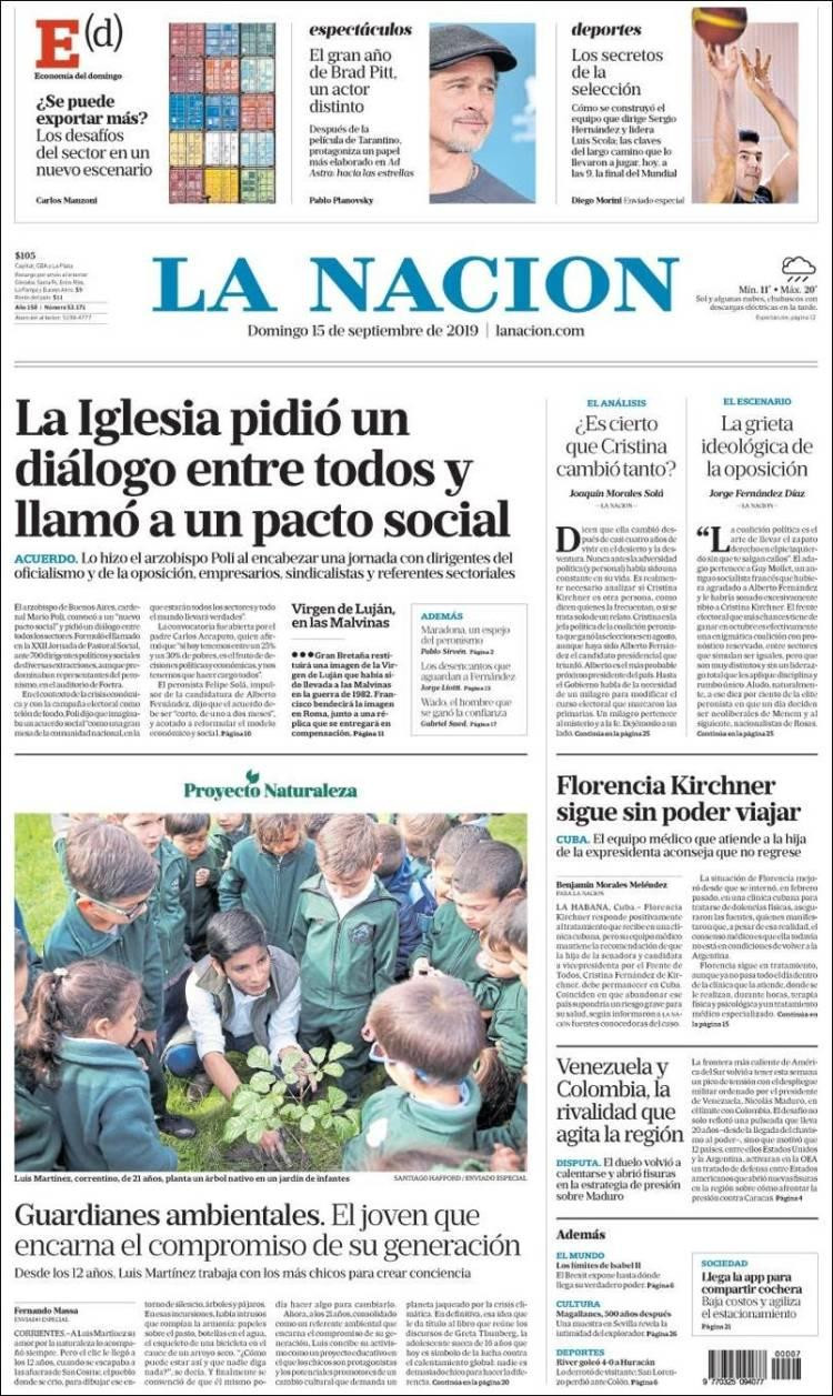 Tapas de diarios, La Nación, domingo 15-09-19