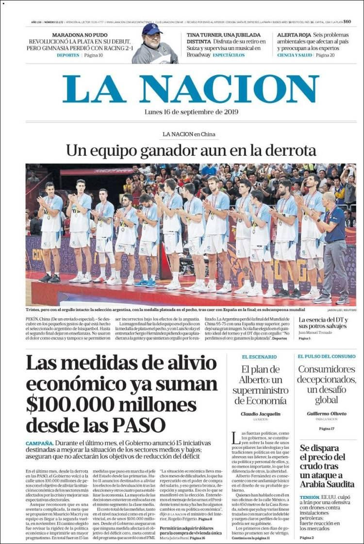 Tapas de diarios,La Nación, lunes 16-09-19