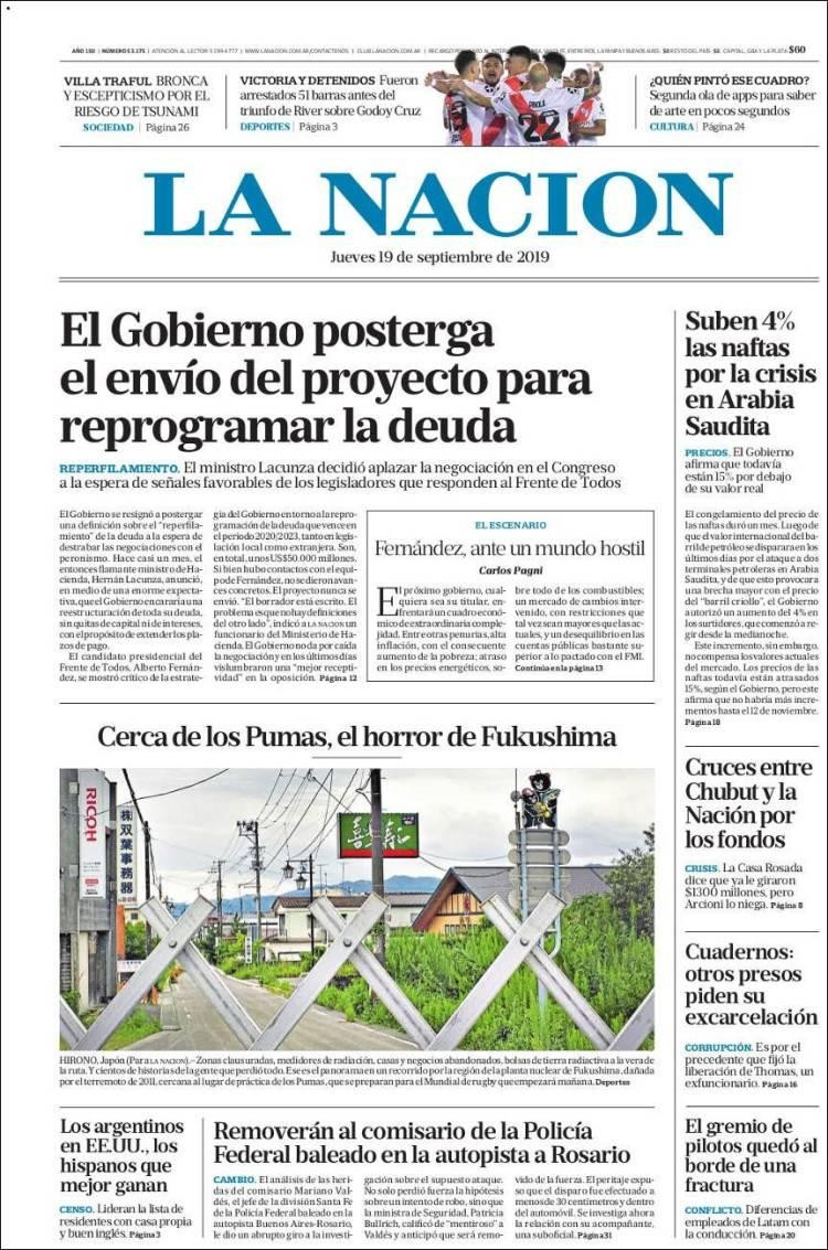 Tapas de diarios, La Nación, jueves 19-09-19