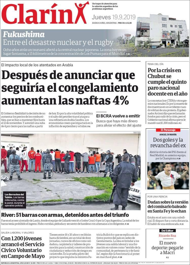 Tapas de diarios, Clarín, jueves 19-09-19