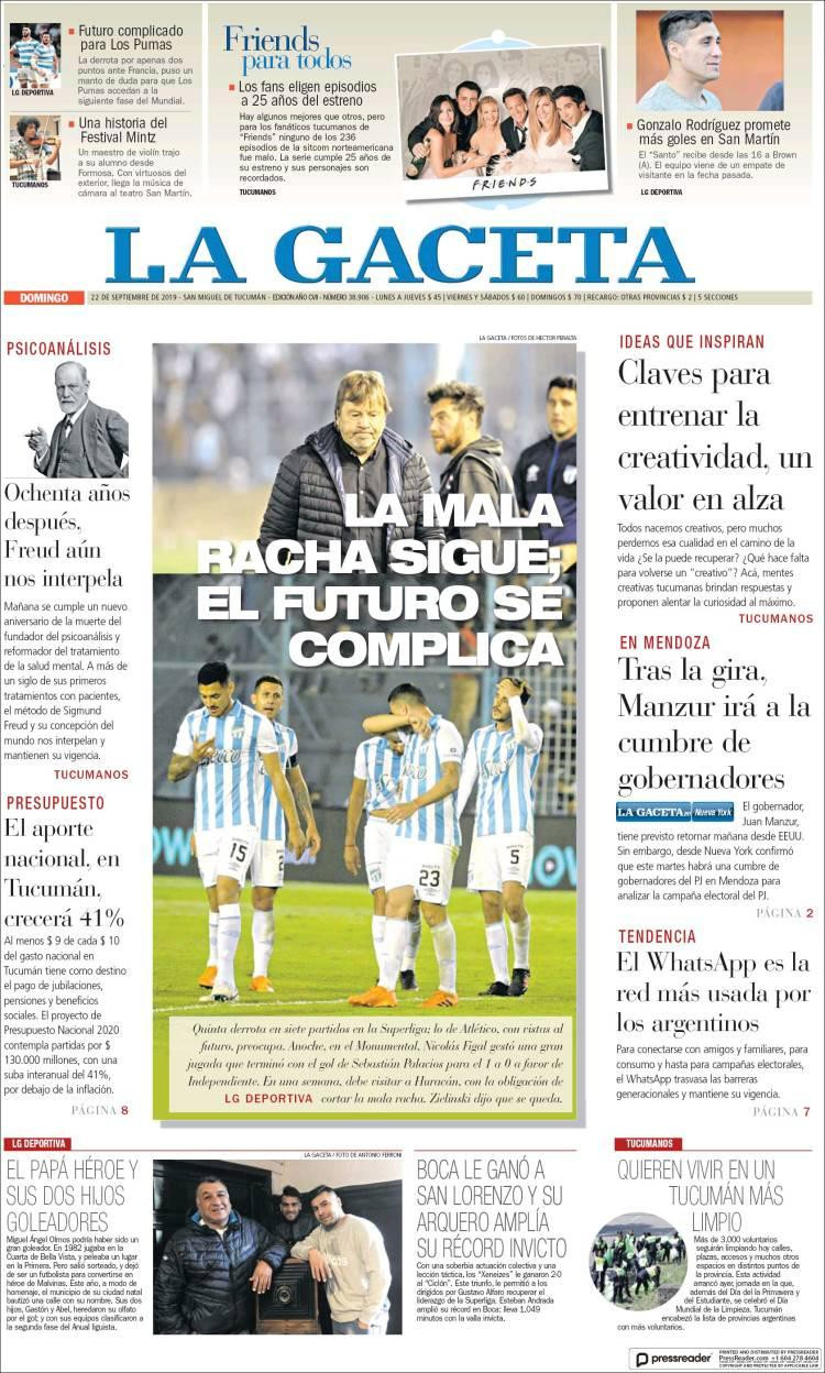 Tapas de diarios, La Gaceta, domingo 22-09-19