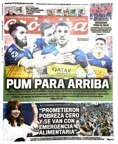 Tapas de diarios, Crónica, domingo 22-09-19