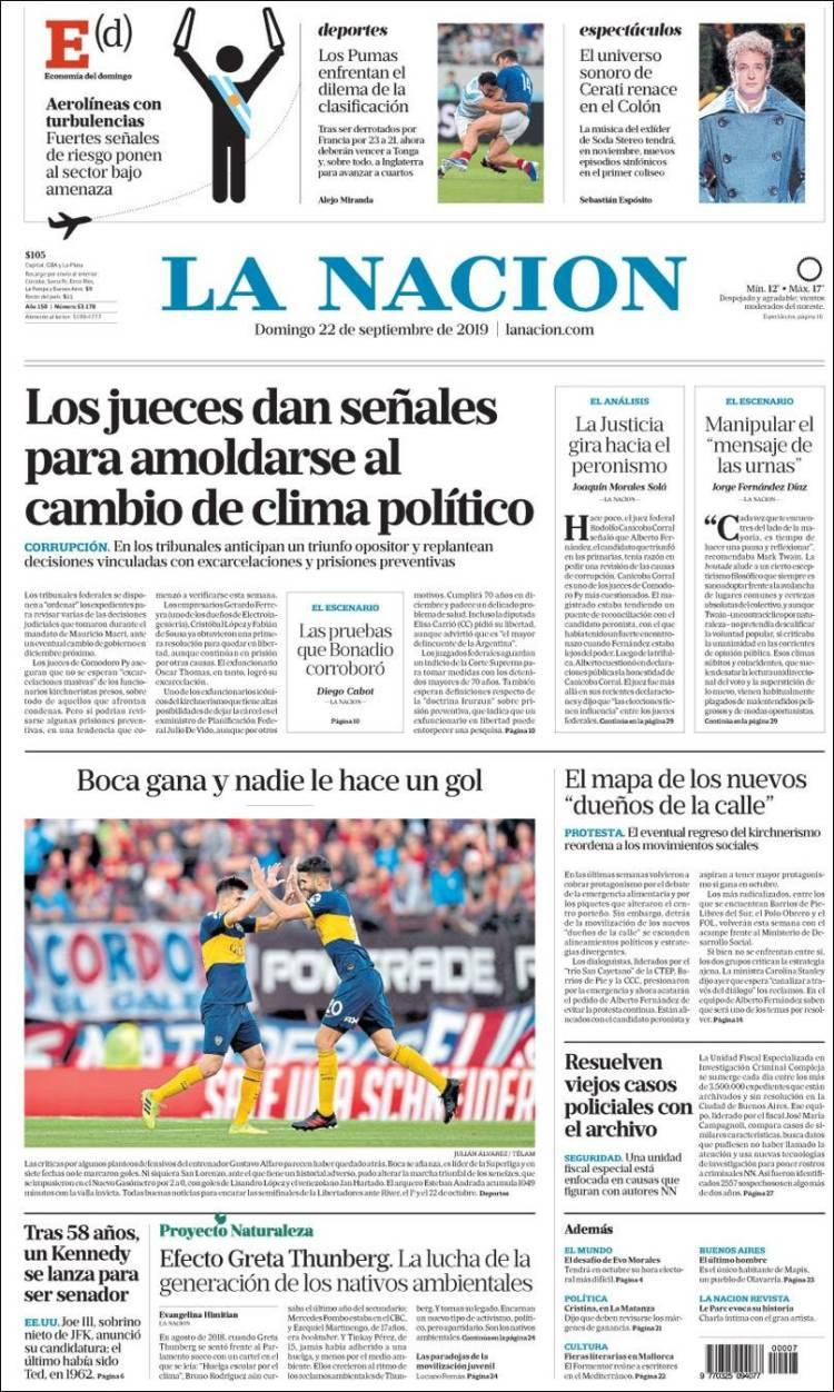 Tapas de diarios, La Nación, domingo 22-09-19