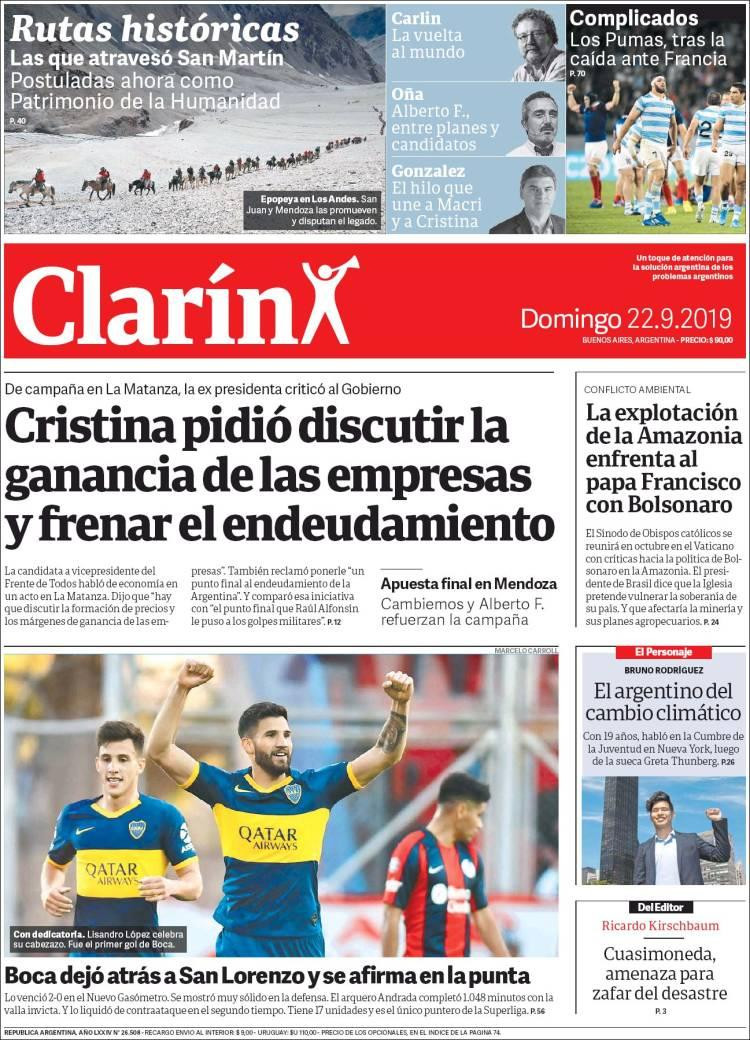Tapas de diarios, Clarín, domingo 22-09-19