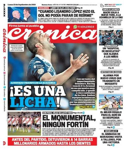 Tapas de diarios, Crónica, lunes 23-09-19