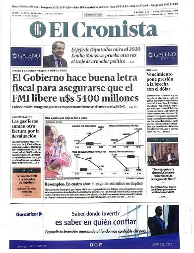 Tapas de diarios, El Cronista, lunes 23-09-19