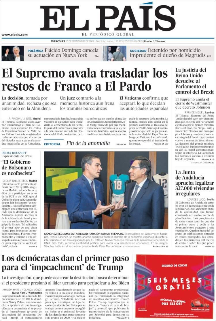 Tapas de diarios, El Pais de España, miércoles 25-09-19