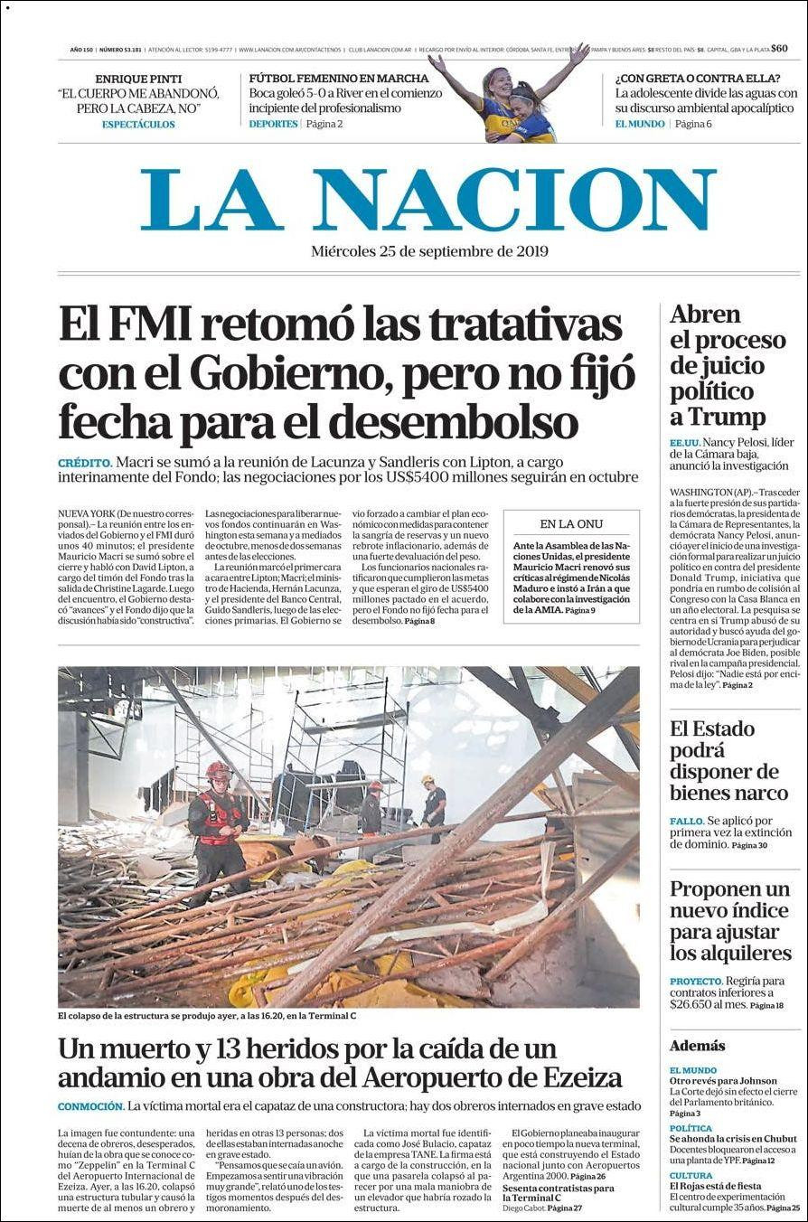 Tapas de diarios, La Nación, miércoles 25-09-19
