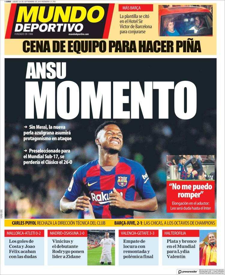 Tapas de diarios, Mundo Deportivo de España, jueves 26-09-19