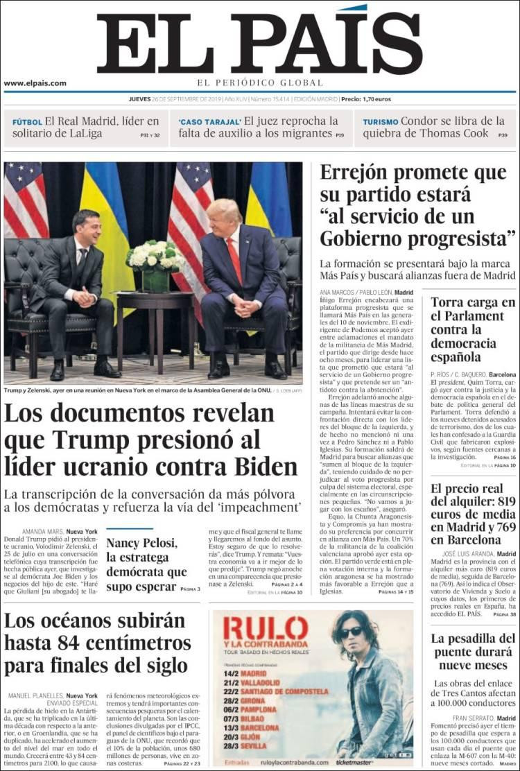 Tapas de diarios, El Pais de España, jueves 26-09-19