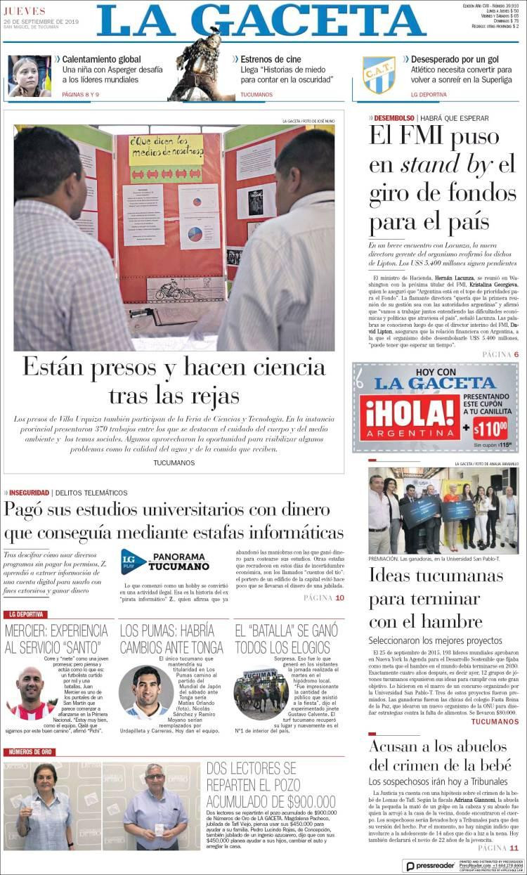 Tapas de diarios, La Gaceta, jueves 26-09-19