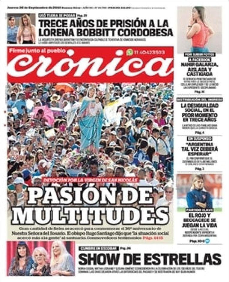 Tapas de diarios, Crónica, jueves 26-09-19