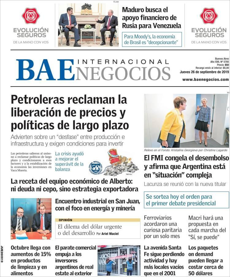 Tapas de diarios, BAE Negocios, jueves 26-09-19