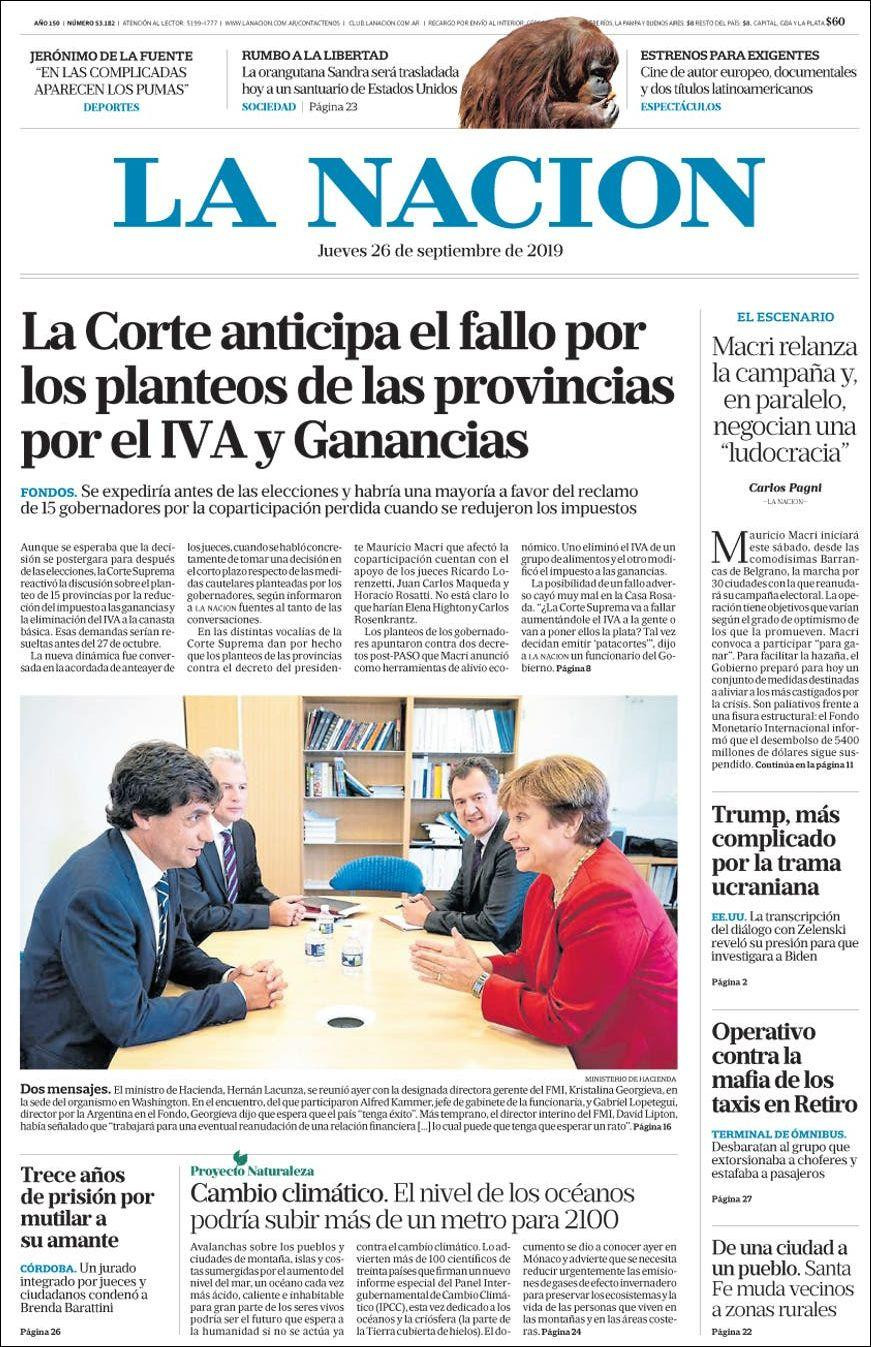 Tapas de diarios, La Nación, jueves 26-09-19