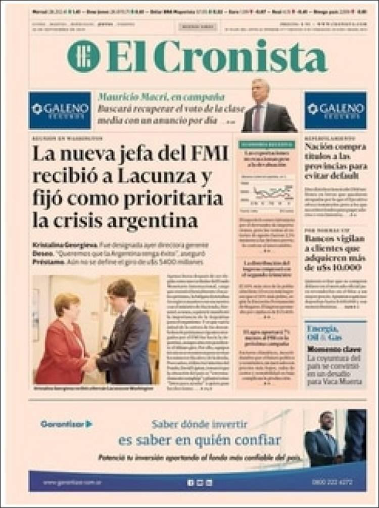 Tapas de diarios, El Cronista, jueves 26-09-19