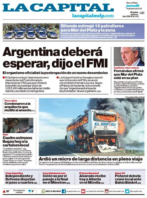 Tapas de diarios, La Capital de Mar del Plata, jueves 26-09-19